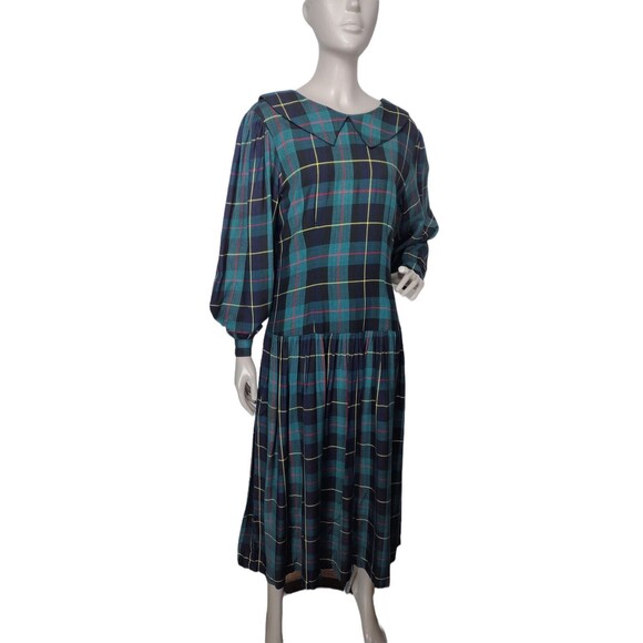 Vintage 80s Sarin Tartan Plaid Bishop Balloon Sleeve Drop Waist Modest Dress - Picture 1 of 6